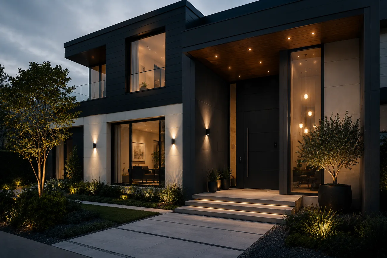 Modern home with premium exterior lighting